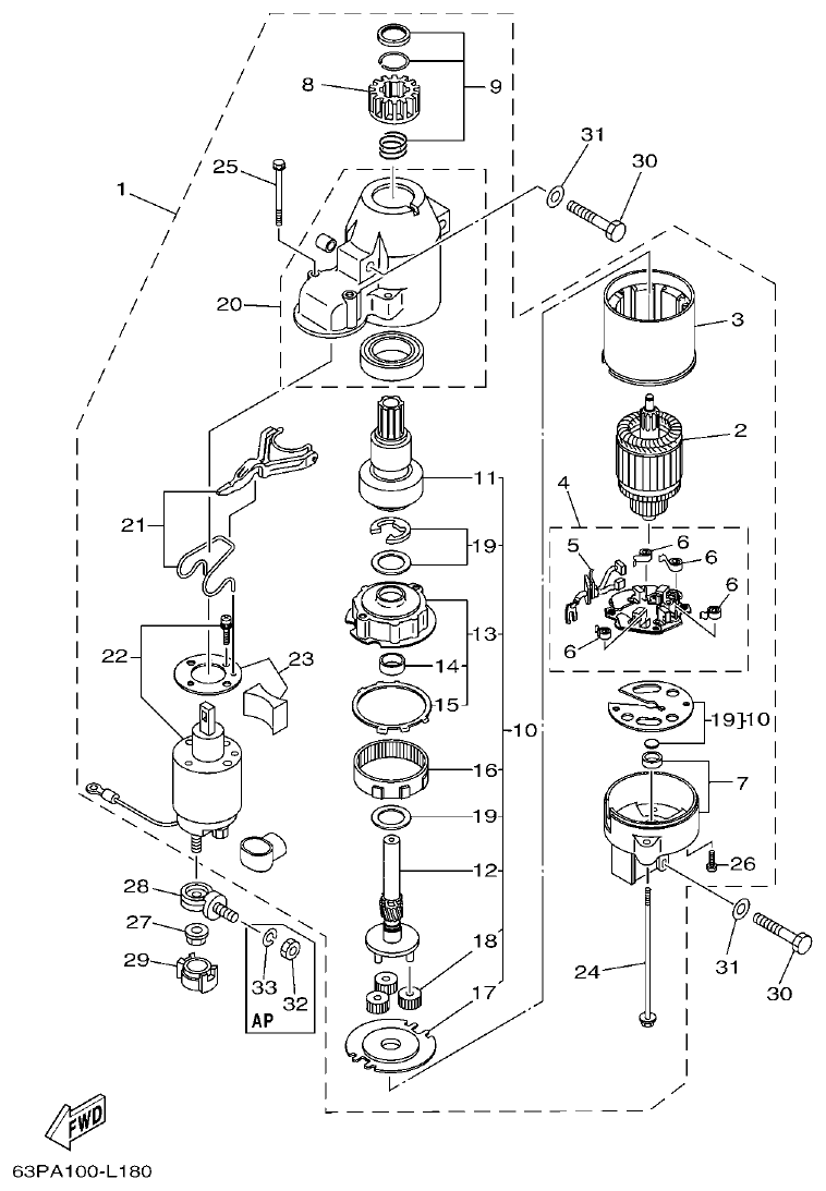 Yamaha F150DET, FL150DET STARTING MOTOR parts diagram